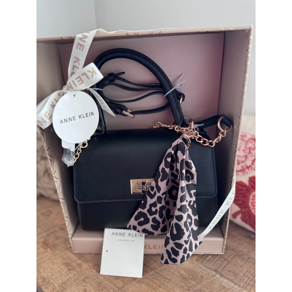 Anne Klein Satchel Black Gold Leopard Scarf NIB